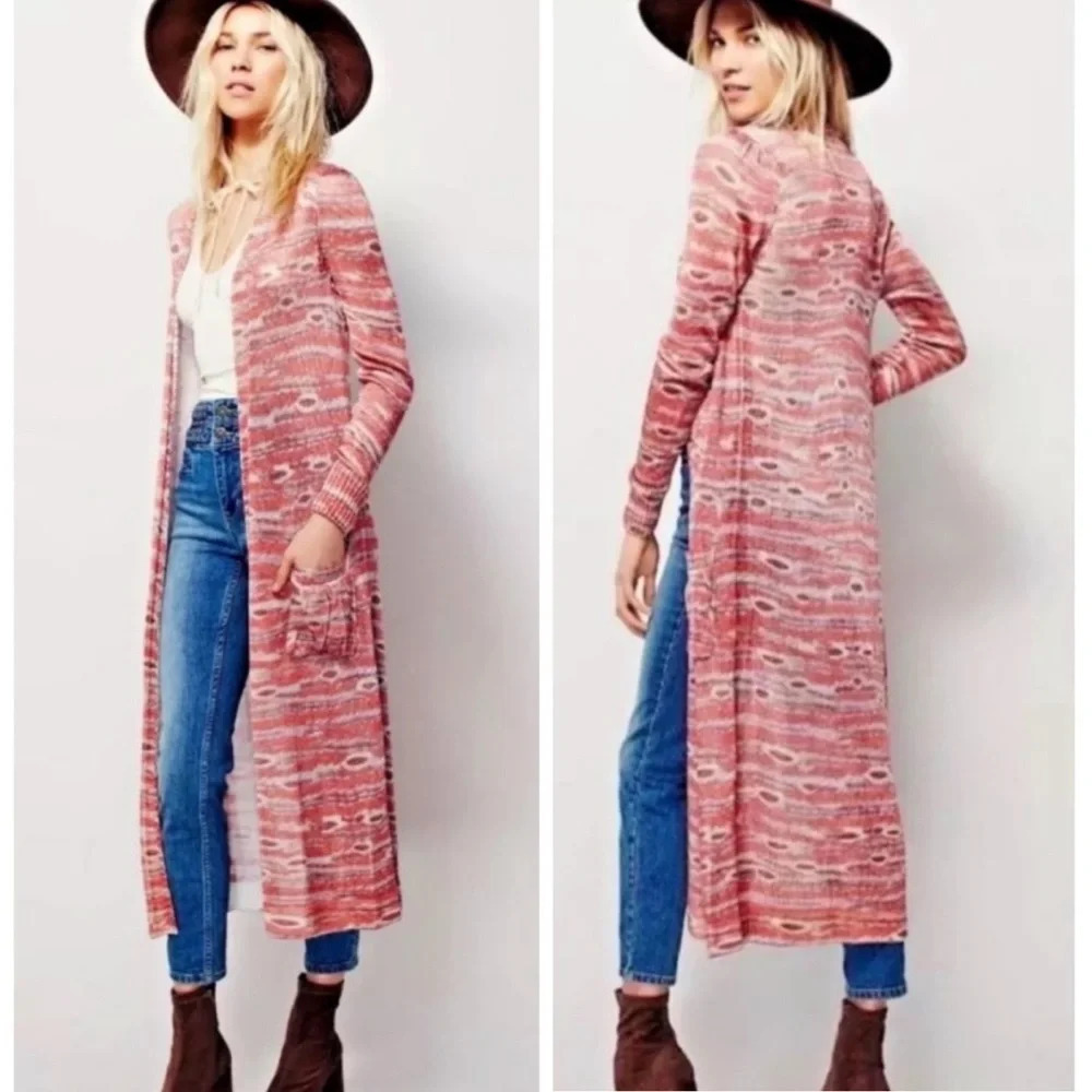 🌟NEW Free People Rust Orange Silky Ribbed Ikat Aztec Duster Cardigan Size Small